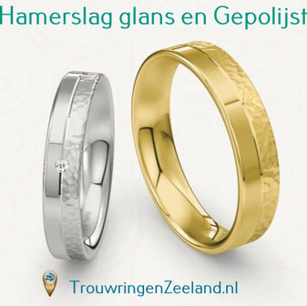 Trouwringen met bewerking hamerslag glans en gepolijst