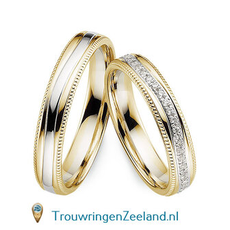 Trouwringen in 8*/14/18 karaat bicolour glans gepolijst  4,0 mm. breed met parelranden en in de damesring 54 diamanten rondom gevuld per paar vanaf