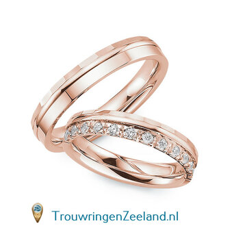 Trouwringen in 14/18 karaat ros&eacute;goud glans gepolijst 4,0 mm. breedte met facetrand en in de damesring 11 diamanten gezet als kroon op de halve ring per paar vanaf