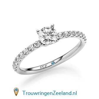 Verlovingsring in 14/18 karaat witgoud met 1 x 0,50 ct briljant  topsteen met 16 x 0,02 ct zijstenen geslepen diamant kwaliteit TW/SI in een 4 puntzetting