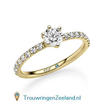 Verlovingsring in 14 of 18 karaat witgoud met 1 x 0,50 ct topsteen diamant&nbsp;in een 6 punt zetting en 16 x 0,02 ct diamanten aan weerszijden