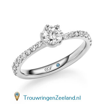 Verlovingsring in 14 of 18 karaat witgoud met 1 x 0,50 ct topsteen diamant&nbsp;in een bijzondere gedraaide 6 punt zetting  met 16 diamanten aflopend in grootte aan weerszijden