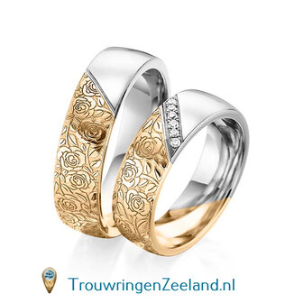 Trouwringen in 14 of 18 karaat witgoud halve ring met met bloemmotief en halve ring glad gepolijst 6,0 mm. breedte met in de damesring 6 diamanten schuin gezet per paar 