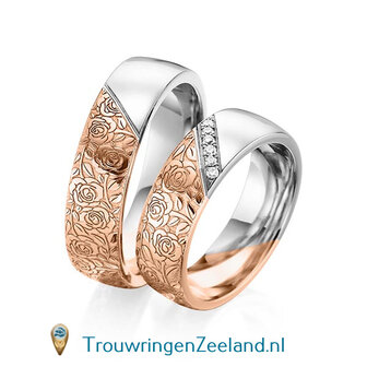 Trouwringen in 14 of 18 karaat geelgoud halve ring met met bloemmotief en halve ring glad gepolijst 6,0 mm. breedte met in de damesring 6 diamanten schuin gezet per paar 