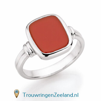 Zegelring dames in 14 karaat geelgoud 10 x 8 mm. glans gepolijst met antiek Romeinse zetting van een rode jaspis edelsteen