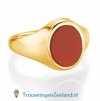 Zegelring dames in 14 karaat geelgoud 10 x 8 mm. glans gepolijst met ovalen zetting van een lichtblauwe lagensteen