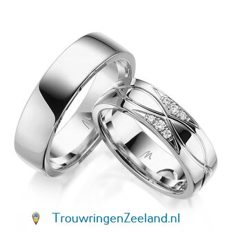 Trouwringen in 8, 14 of 18 karaat witgoud glans gepolijst met infinity golven 6,0 mm. breedte en in de damesring 6 diamanten in 2 sets van 3 spiegelend gezet per paar 