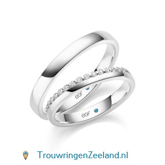 Trouwringen in 14 of 18 karaat geelgoud glans gepolijst en in de damesring 18 diamanten halve ring in een kroon gezet per paar