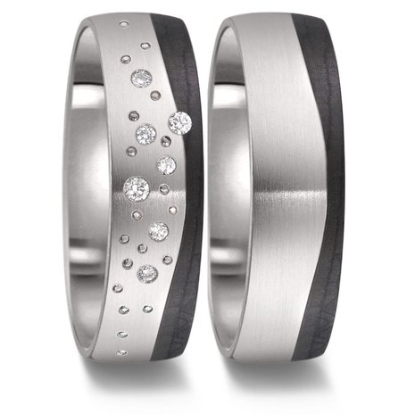 Trouwringen in zwart Carbon en Titanium met diamant(en) per paar