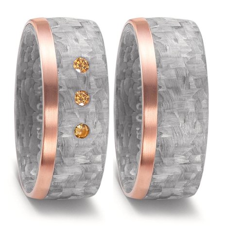 Trouwringen in grijs Carbon en 18 karaat rosé goud met diamant(en) per paar