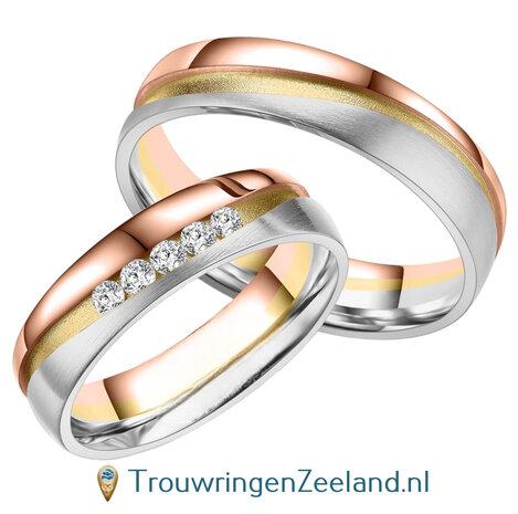 Trouwringen in 8*/14/18 karaat Tricolour goud met in de damesring 5 diamanten per paar