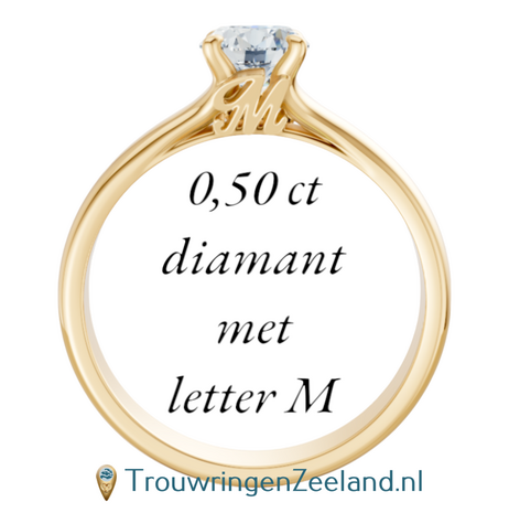 Verlovingsring met 0,50 ct diamant met letter(s) en hartje in 14 of 18 karaat geelgoud