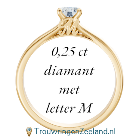 Verlovingsring met 0,25 ct diamant met letter(s) en hartje in 14 of 18 karaat geelgoud