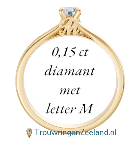 Verlovingsring met 0,15 ct diamant met letter(s) en hartje in 14 of 18 karaat geelgoud