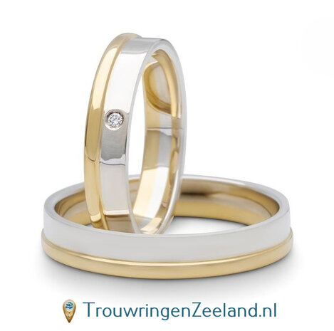 Trouwringen in argentium en 14 karaat geelgoud glans gepolijst als een bolle rand met in de damesring een diamant in het midden 
