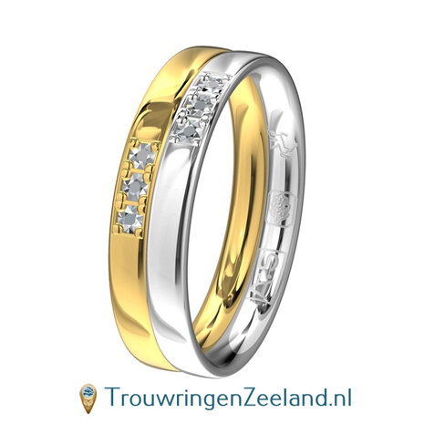 Trouwringen in argentium en 14 karaat geelgoud glans gepolijst met in de damesring 6 diamanten 