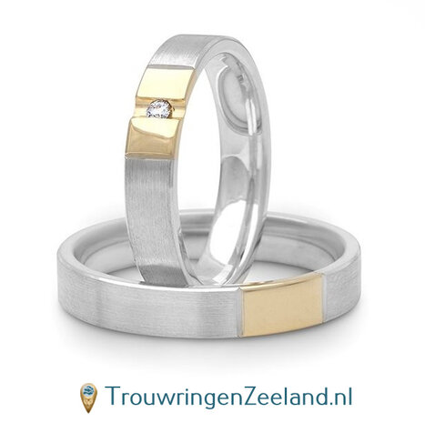 Trouwringen in argentium  en 14 karaat geelgoud glans gepolijst met in de damesring 1 diamant geklemd