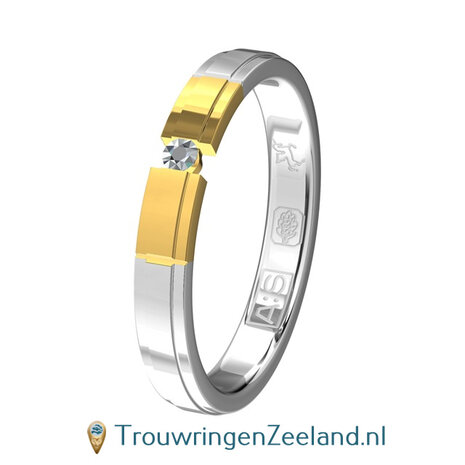 Trouwringen in argentium  en 14 karaat geelgoud glans gepolijst met in de damesring 1 diamant geklemd