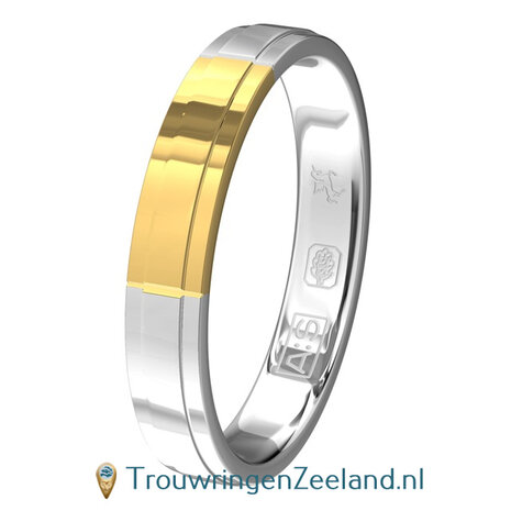 Trouwringen in argentium  en 14 karaat geelgoud glans gepolijst met in de damesring 1 diamant geklemd