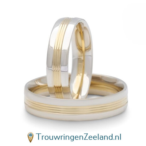 Trouwringen in argentium glans gepolijst en 14 karaat geelgoud geribbelde banen glans gepolijst zonder diamant in de damesring