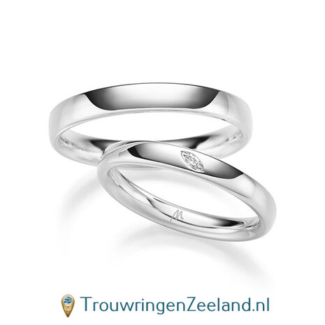 Trouwringen in platina 950 glans gepolijst en in de damesring 1 diamant ovaal gezet 0,03 ct 