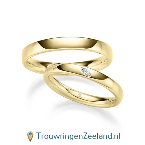 Trouwringen in platina 950 glans gepolijst en in de damesring 1 diamant ovaal gezet 0,03 ct 