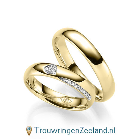 Trouwringen in 14/18 karaat roségoud glans gepolijst met in de damesring 6 diamanten in een hart en 10 diamanten als randzetting 0,086 ct 