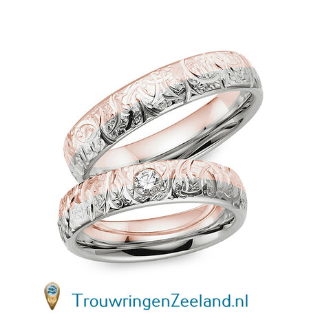 Trouwringen in 8*/14/18 karaat bicolour goud mat en glans 5,0 mm. breed met geslepen bladmotief en in de damesring 1 diamant 0,1 ct. per paar vanaf 