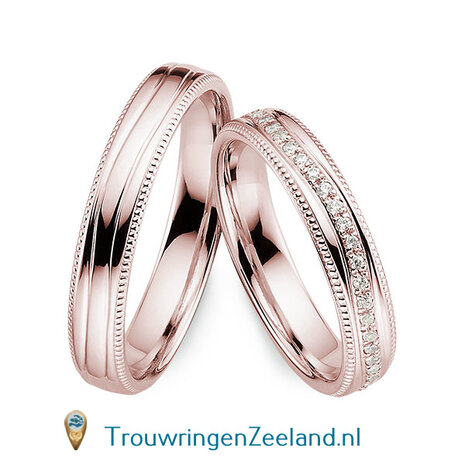 Trouwringen in 8*/14/18 karaat bicolour glans gepolijst  4,0 mm. breed met parelranden en in de damesring 54 diamanten rondom gevuld per paar vanaf