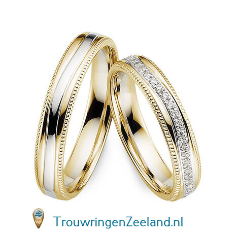 Trouwringen in 8*/14/18 karaat bicolour glans gepolijst  4,0 mm. breed met parelranden en in de damesring 54 diamanten rondom gevuld per paar vanaf