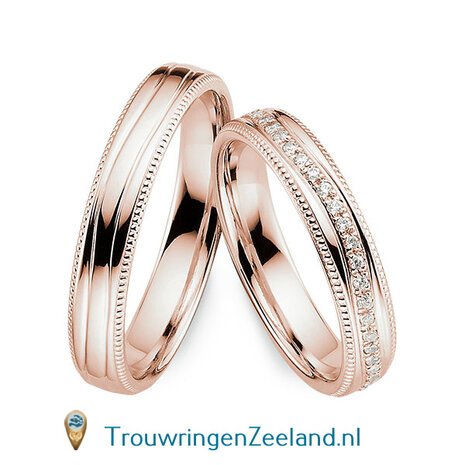 Trouwringen in 8*/14/18 karaat bicolour glans gepolijst  4,0 mm. breed met parelranden en in de damesring 54 diamanten rondom gevuld per paar vanaf