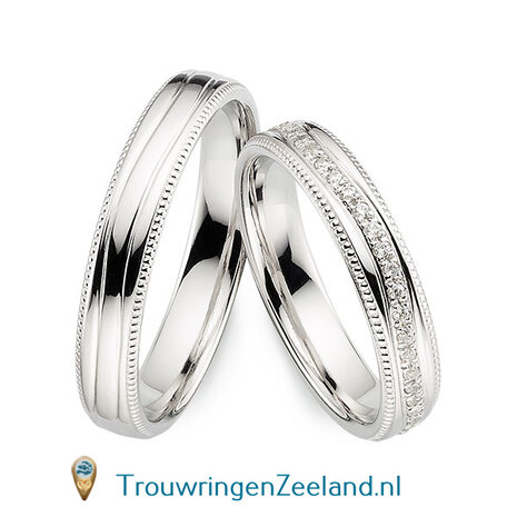 Trouwringen in platina 600/950 glans gepolijst  4,0 mm. breed met parelranden en in de damesring 54 diamanten rondom gevuld per paar vanaf