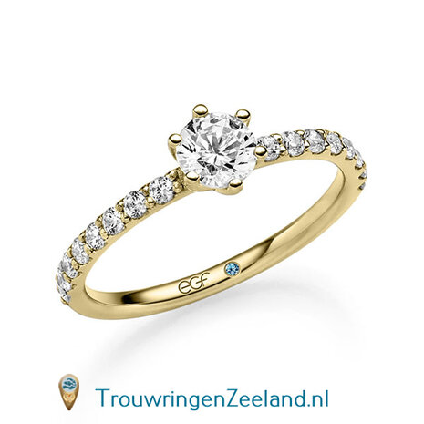 Verlovingsring in 14 of 18 karaat witgoud met 1 x 0,50 ct topsteen diamant&nbsp;in een 6 punt zetting en 16 x 0,02 ct diamanten aan weerszijden
