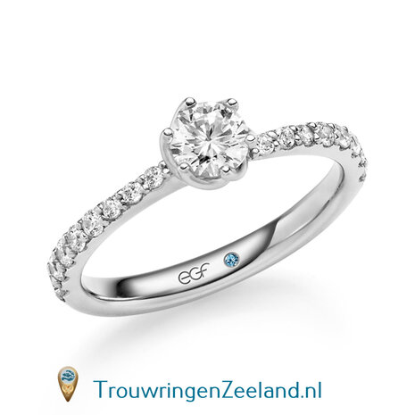 Verlovingsring in 14 of 18 karaat geelgoud met 1 x 0,50 ct topsteen diamant&nbsp;in een bijzondere gedraaide 6 punt zetting  met 16 diamanten aflopend in grootte aan weerszijden