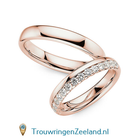 Trouwringen in 14 of 18 karaat geelgoud glans gepolijst 4,0 mm. breedte en in de damesring 15 diamanten in een kroon gezet per paar 