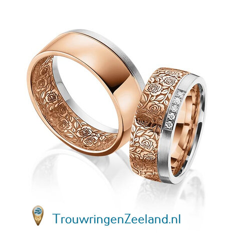 Trouwringen in 14 of 18 karaat geelgoud met bloemmotief mat/glans en rand mat 8,0 mm. breedte met in de damesring 5 diamanten per paar 