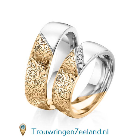 Trouwringen in 14 of 18 karaat witgoud halve ring met met bloemmotief en halve ring glad gepolijst 6,0 mm. breedte met in de damesring 6 diamanten schuin gezet per paar 