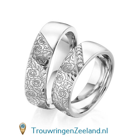 Trouwringen in 14 of 18 karaat geelgoud halve ring met met bloemmotief en halve ring glad gepolijst 6,0 mm. breedte met in de damesring 6 diamanten schuin gezet per paar 