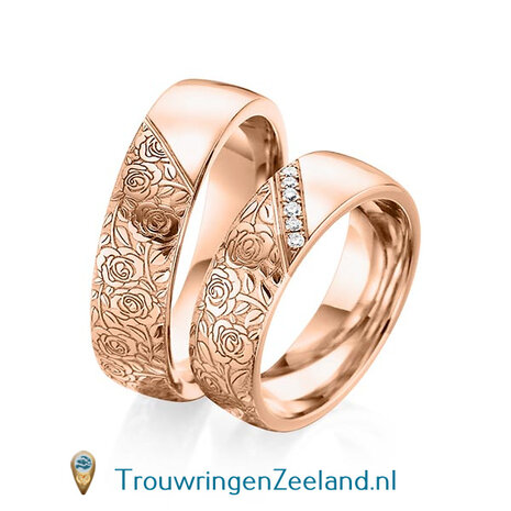Trouwringen in 14 of 18 karaat geelgoud halve ring met met bloemmotief en halve ring glad gepolijst 6,0 mm. breedte met in de damesring 6 diamanten schuin gezet per paar 