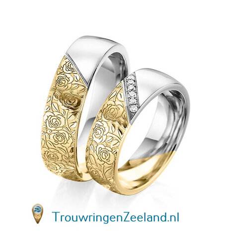 Trouwringen in 14 of 18 karaat geelgoud halve ring met met bloemmotief en halve ring glad gepolijst 6,0 mm. breedte met in de damesring 6 diamanten schuin gezet per paar 