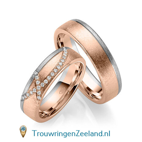 Trouwringen in 14 of 18 karaat witgoud ijsmat 6,0 mm. breedte met in de damesring 24 diamanten in 2 rijen overlappend gezet per paar 