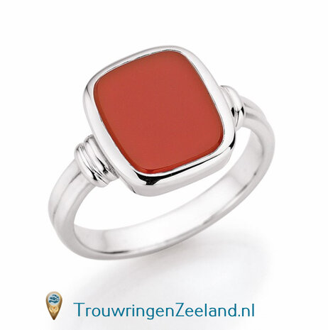 Zegelring dames in 14 karaat geelgoud 10 x 8 mm. glans gepolijst met antiek Romeinse zetting van een rode jaspis edelsteen