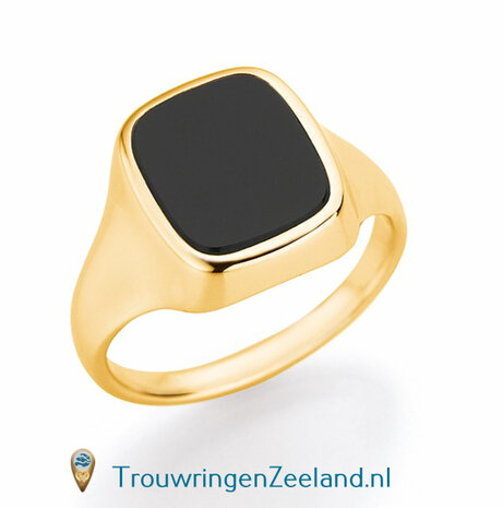 Zegelring dames in 14 karaat geelgoud 10 x 8 mm. glans gepolijst met  antieke zetting van een onyx edelsteen