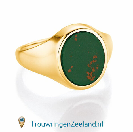 Zegelring dames in 14 karaat geelgoud 10 x 8 mm. glans gepolijst met ovalen zetting van een lichtblauwe lagensteen