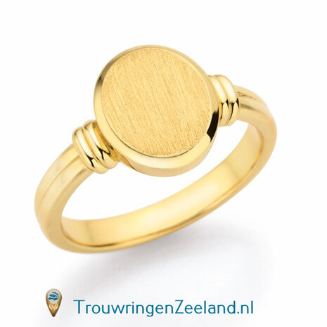 Zegelring dames in 14 karaat geelgoud 10 x 8 mm. glans gepolijst ovalen Romeinse plaat gematteerd 