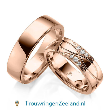 Trouwringen in 8, 14 of 18 karaat witgoud glans gepolijst met infinity golven 6,0 mm. breedte en in de damesring 6 diamanten in 2 sets van 3 spiegelend gezet per paar 
