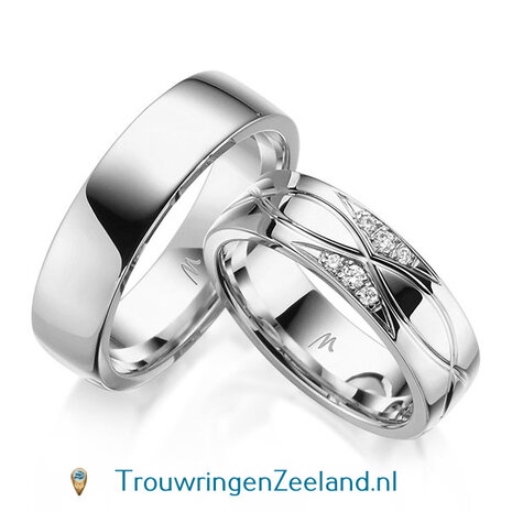 Trouwringen in 8, 14 of 18 karaat witgoud glans gepolijst met infinity golven 6,0 mm. breedte en in de damesring 6 diamanten in 2 sets van 3 spiegelend gezet per paar 
