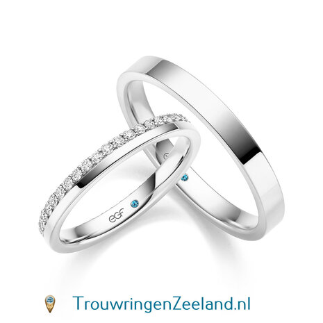 Trouwringen in 14 karaat geelgoud glans gepolijst en in de damesring 42 diamanten geheel rondom in een kroon gezet per paar