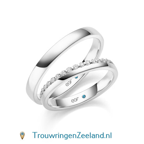 Trouwringen in 14 of 18 karaat witgoud glans gepolijst en in de damesring 18 diamanten halve ring in een kroon gezet per paar