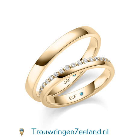 Trouwringen in 14 of 18 karaat witgoud glans gepolijst en in de damesring 18 diamanten halve ring in een kroon gezet per paar